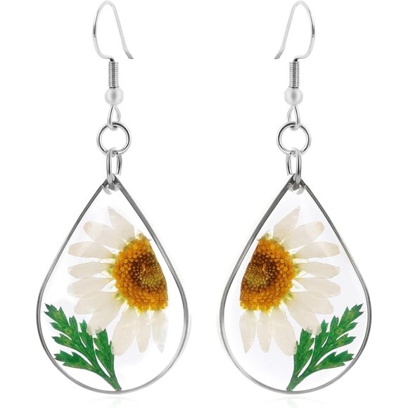 Preserved Mums Flower Teardrop Vintage Long Summer Earring for Women Jewelry - Picture 1 of 9